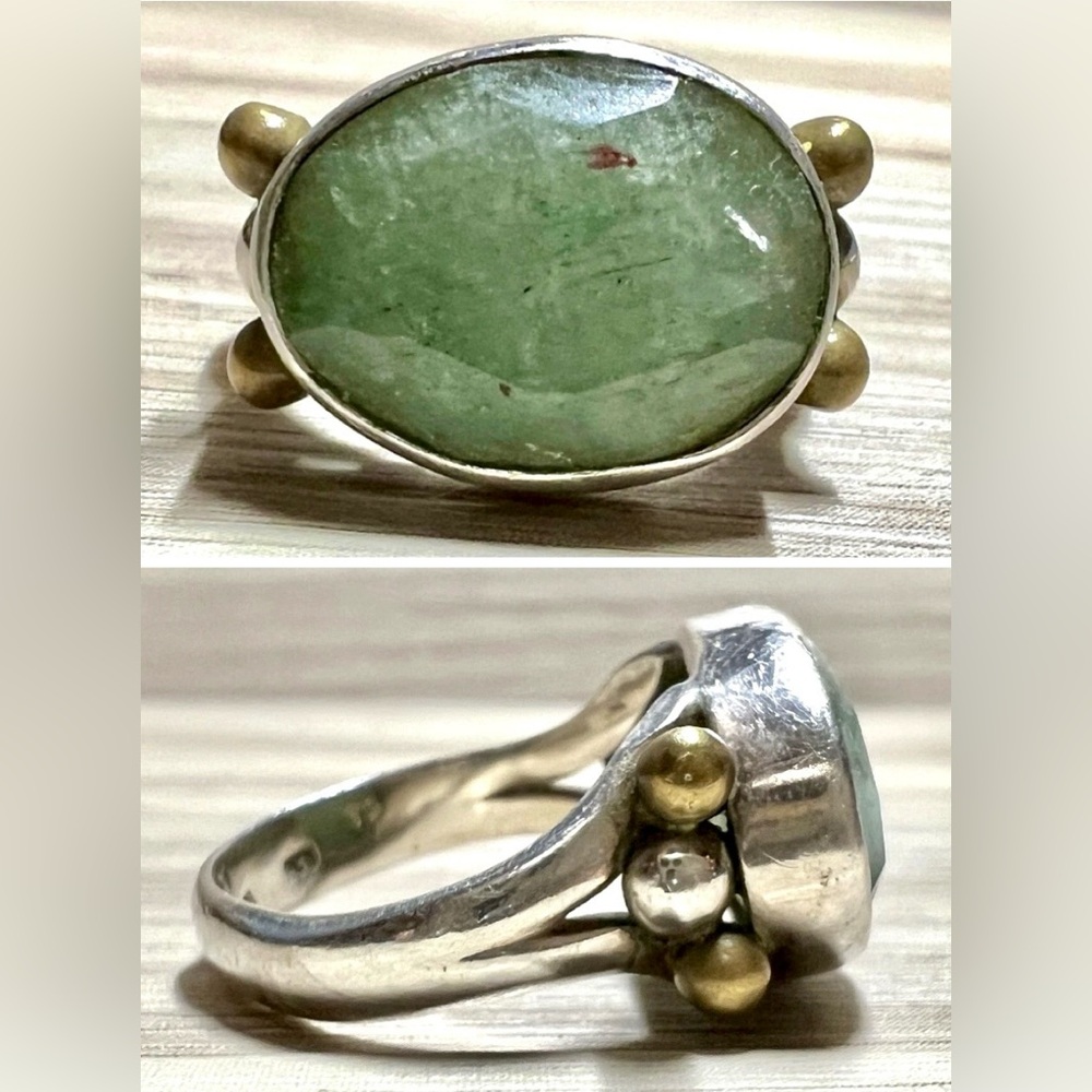 Vintage Designer Signed YS India Sterling Silver & Brass Aventurine Ring, Size 8